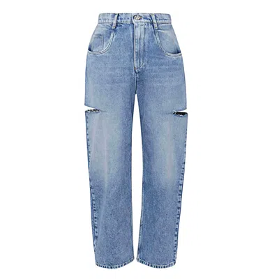Maison Margiela Light Blue Denim Distressed Straight Leg Jeans With Cut-out In Blue