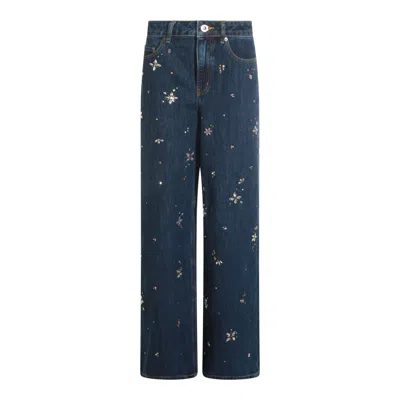 Self-portrait Wide-leg Denim Jeans With Floral Embellishments In Blue