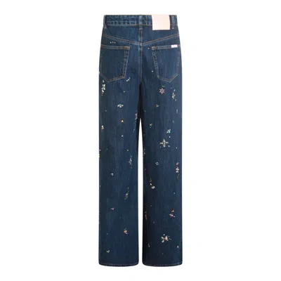 Self-portrait Wide-leg Denim Jeans With Floral Embellishments In Blue