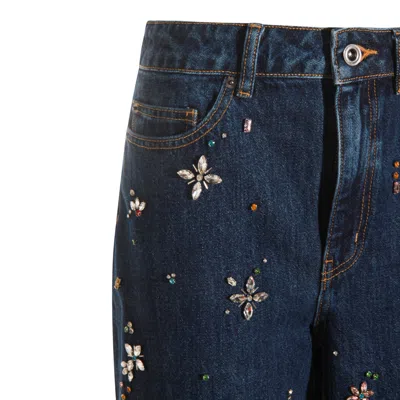 Self-portrait Wide-leg Denim Jeans With Floral Embellishments In Blue