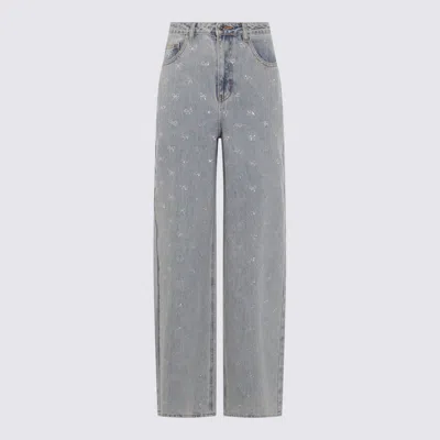Self-portrait Light Blue Wide-leg Jeans With Crystal Embellishment And Classic Five-pocket Design In Gray