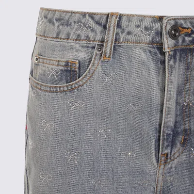 Self-portrait Light Blue Wide-leg Jeans With Crystal Embellishment And Classic Five-pocket Design In Gray