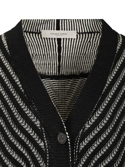 Golden Goose Journey W's Olidia Knit Cardigan Fringe Wool Herringbone Jacquard Knitwear Black In Black
