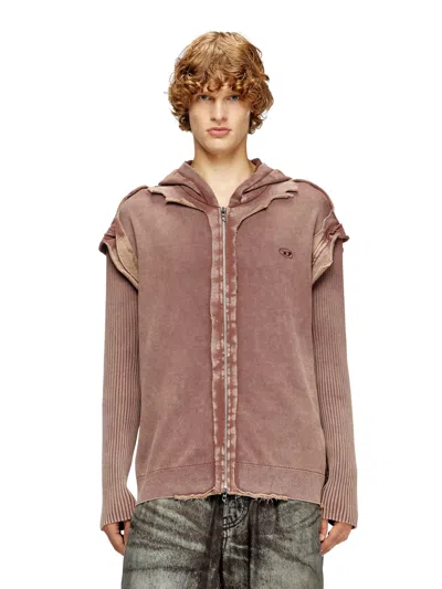 Diesel Hooded Crewneck With Ribbed Sleeves And Distressed Finish In Brown