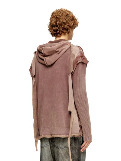 Diesel Hooded Crewneck With Ribbed Sleeves And Distressed Finish In Brown