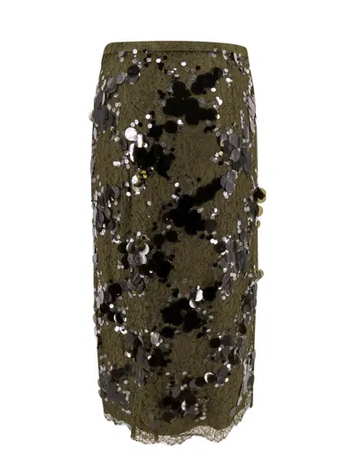 Gucci Womens Sequin-embellished Mid-waist Woven Midi Skirt Deep Oil Mix In Green