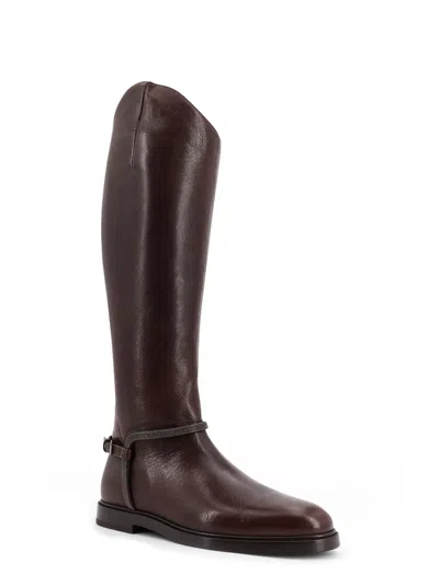 Brunello Cucinelli Women Classic Leather Boot With Precious Spurs In Brown