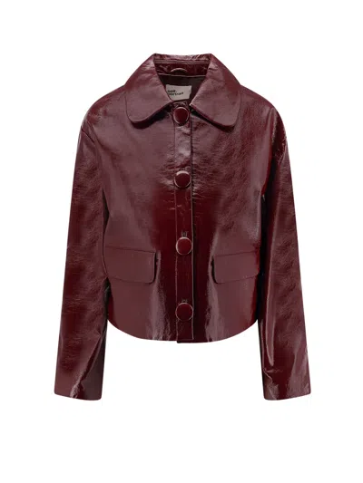 Self-portrait Cropped Burgundy Leather Jacket In Brown
