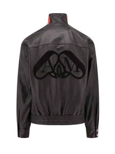 Alexander Mcqueen Leather Jacket With Contrasting Bands In Black