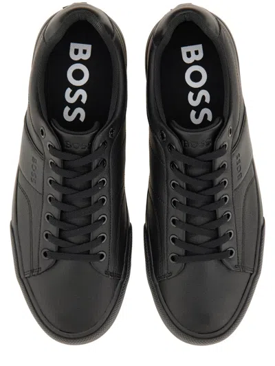 Hugo Boss Faux-leather Trainers With Plain And Grained Textures In Black