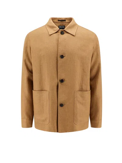 Zegna Linen And Wool Blend Jacket In Brown