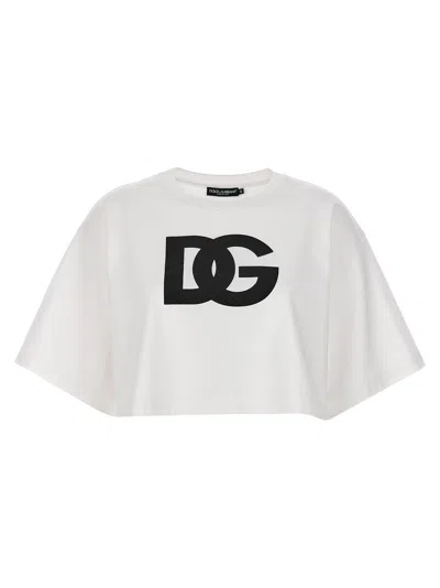 Dolce & Gabbana White Cotton Cropped T-shirt With Drop Shoulder And Logo Print For Women In White