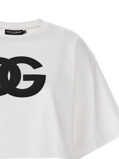 Dolce & Gabbana White Cotton Cropped T-shirt With Drop Shoulder And Logo Print For Women In White