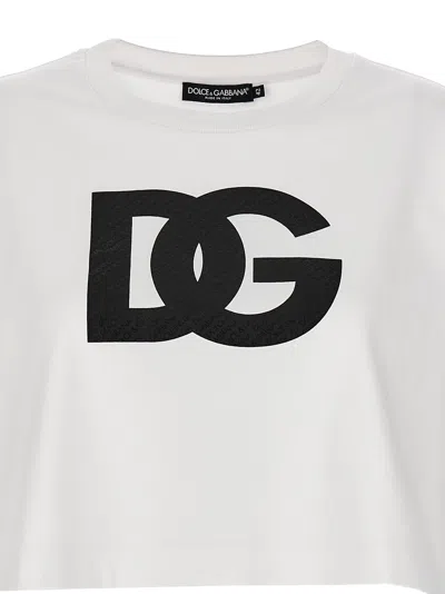 Dolce & Gabbana White Cotton Cropped T-shirt With Drop Shoulder And Logo Print For Women In White