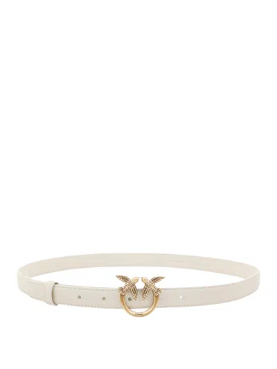 Pinko Love Berry Leather Belt With Love Birds Buckle In Neutral