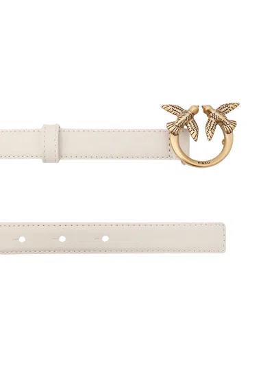 Pinko Love Berry Leather Belt With Love Birds Buckle In Neutral