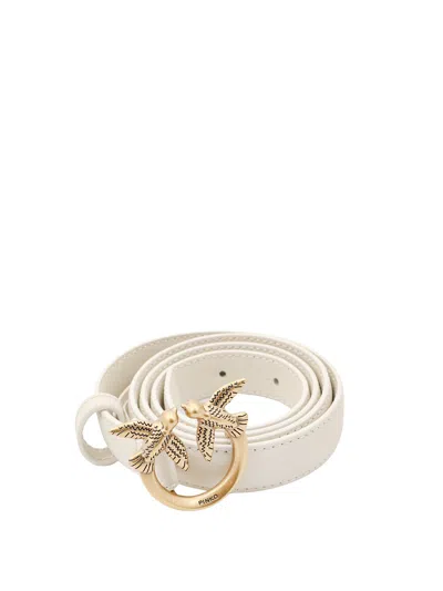 Pinko Love Berry Leather Belt With Love Birds Buckle In Neutral