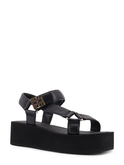 Tory Burch Round Toe Leather Platform Sandals With Ankle Strap