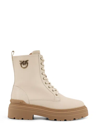 Pinko Ankle-high Leather Boots With Gold Hardware Detail In White