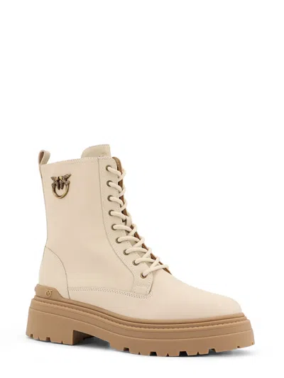 Pinko Ankle-high Leather Boots With Gold Hardware Detail In White