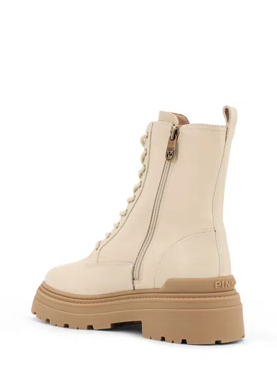Pinko Ankle-high Leather Boots With Gold Hardware Detail In White