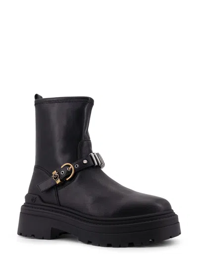Pinko Rounded Toe Black Leather Ankle Boots With Front Strap