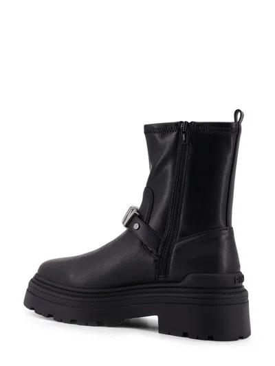 Pinko Rounded Toe Black Leather Ankle Boots With Front Strap