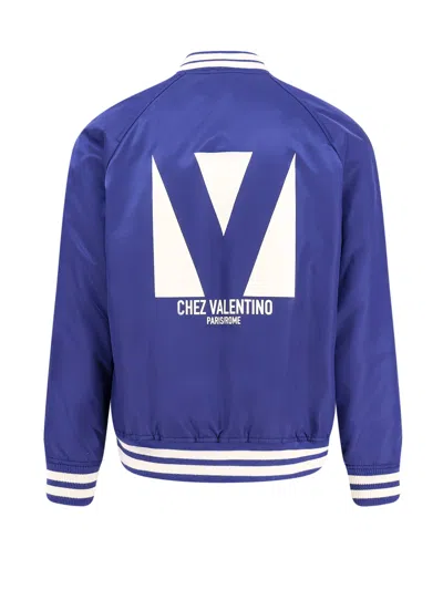 Valentino Blue Bomber Jacket In Printed Polyamide With Zip And High Collar In Blue