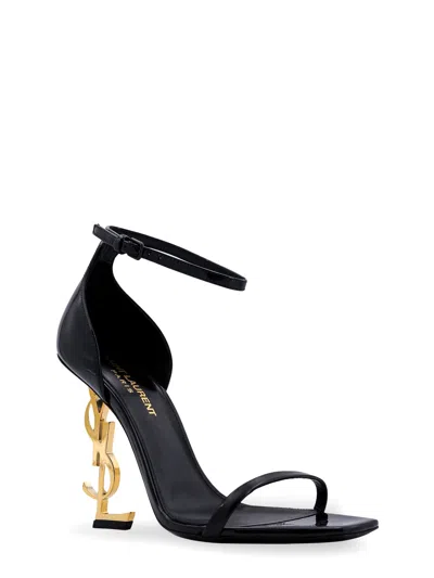 Saint Laurent Opyum Patent Leather Sandals With Structured Heel Featuring Metal Ysl Initials And Adj