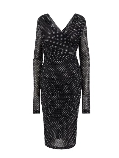 Dolce & Gabbana Polka Dots Tulle Draped Midi Dress In Black