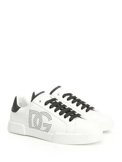 Dolce & Gabbana Portofino' White Low Top Sneakers With Perforated Logo In Leather In White