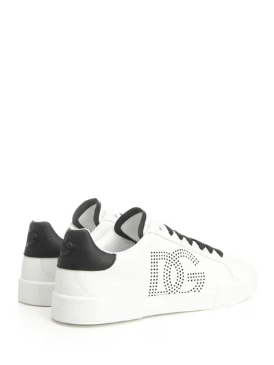 Dolce & Gabbana Portofino' White Low Top Sneakers With Perforated Logo In Leather In White