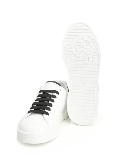 Dolce & Gabbana Portofino' White Low Top Sneakers With Perforated Logo In Leather In White