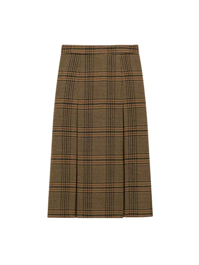 Saint Laurent Wool And Cashmere Prince Of Wales Midi Skirt Clothing In Brown