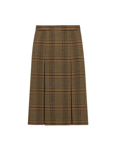 Saint Laurent Wool And Cashmere Prince Of Wales Midi Skirt Clothing In Brown