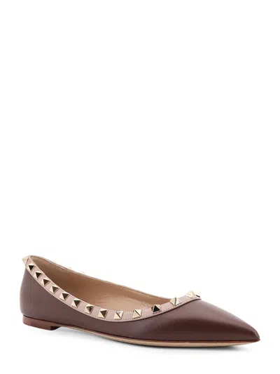 Valentino Garavani Studded Leather Ballerinas Pointed Toe In Brown
