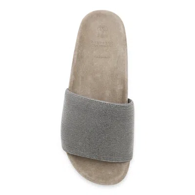 Brunello Cucinelli Suede Embellished Slides In Gray