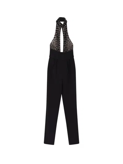 Elisabetta Franchi Black Jumpsuit With Embroidered Bodice And Halterneck In Tech Fabric Stretch Woman In Black