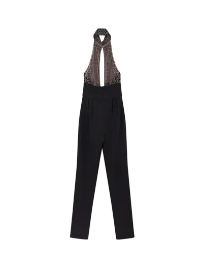 Elisabetta Franchi Black Jumpsuit With Embroidered Bodice And Halterneck In Tech Fabric Stretch Woman In Black