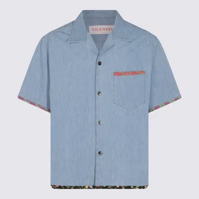 Valentino Garavani Denim Bowling Shirt With Floral Trim In Multi