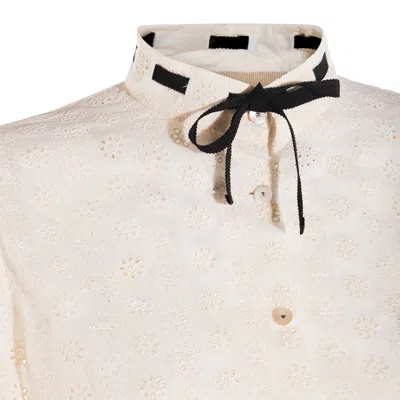 Valentino Embroidered Bow Stand Collar Long Sleeve Top In White