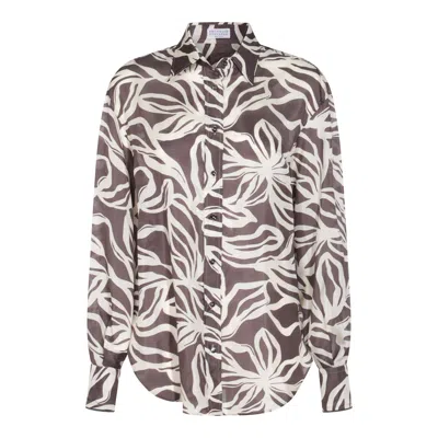 Brunello Cucinelli Collared Floral Pattern Long Sleeves Cuffed Top In Brown
