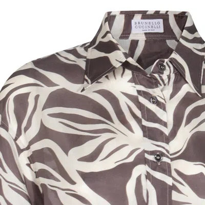 Brunello Cucinelli Collared Floral Pattern Long Sleeves Cuffed Top In Brown