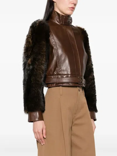 Chloé Leather Jacket With Belted Waist And Fur Sleeves In Brown