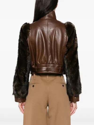 Chloé Leather Jacket With Belted Waist And Fur Sleeves In Brown