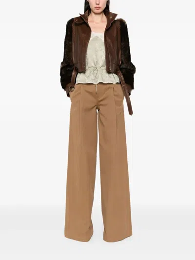Chloé Leather Jacket With Belted Waist And Fur Sleeves In Brown