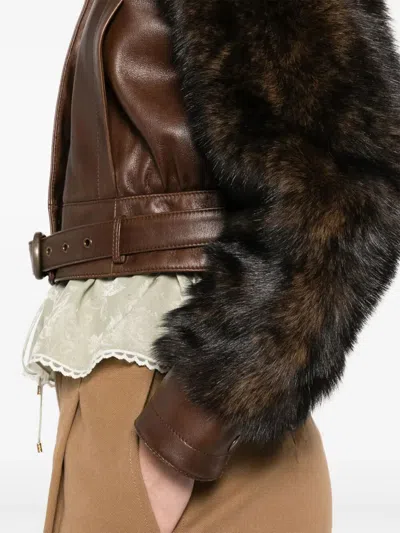 Chloé Leather Jacket With Belted Waist And Fur Sleeves In Brown