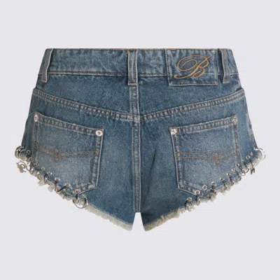 Blumarine Denim Shorts With Frayed Hem And Embellishments In Blue
