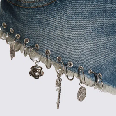 Blumarine Denim Shorts With Frayed Hem And Embellishments In Blue