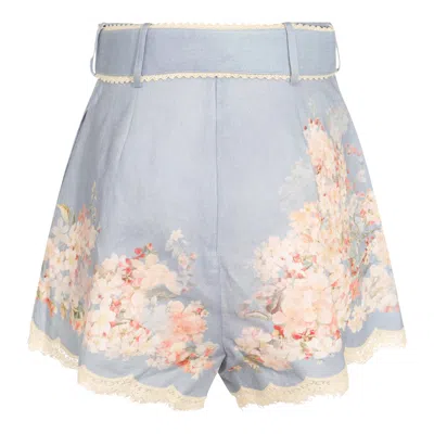 Zimmermann Teal Blue Botanical Floral Linen Cascadian Shorts In Purple